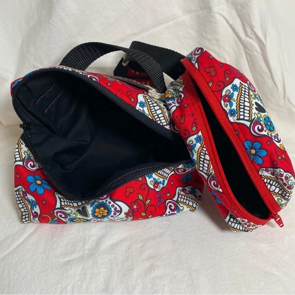 Handmade Accessories Bag Set Red & White Skull pattern with zipper openings. New